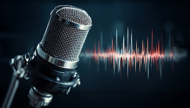 Photo of a microphone and sound waves in an audio studio, representing podcasting or dentistry with copy space for text. Web banner with copy space on the right. . - Powered by Adobe