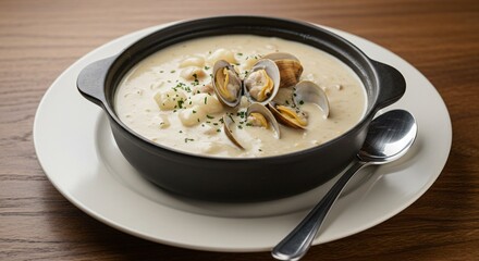 A bowl of clam chowder with clams and potato chunks on a plate with a spoon on a wooden surface