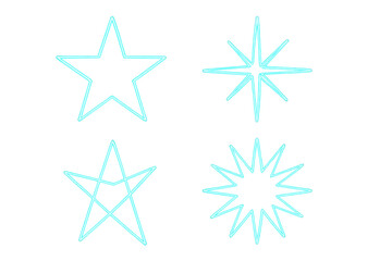Vibrant turquoise neon stars glowing against transparent backdrop, featuring asymmetric geometric shapes for dynamic design elements
