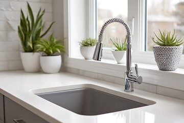 Sleek gray undermount sink with a chrome faucet, in a modern kitchen with a white countertop and potted plants. .