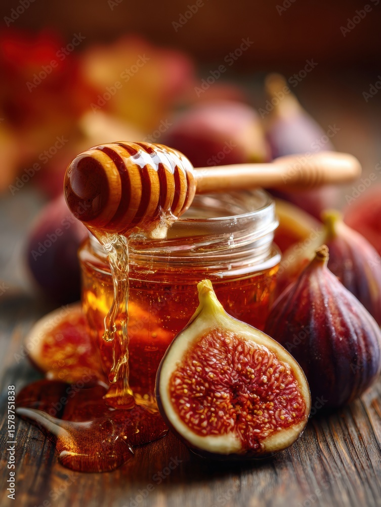 Poster figs and honey create a warm and inviting autumn display with creamy textures and rich colors agains