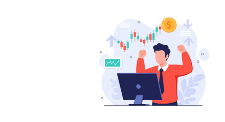 Successful faceless character celebrating stock market wealth accumulation with a fist pump in front of a computer. Flat vector illustration with copy space for financial success concepts.