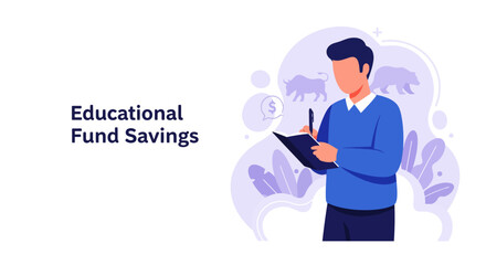 Faceless character planning educational fund savings by taking notes on stock market trends. Flat vector illustration with bull and bear icons, ideal for financial education concepts.