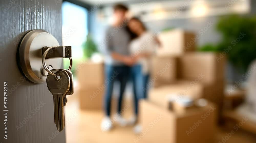 Poster A key turning in a lock with satisfying motion blur, background reveals a couple entering a modern apartment filled with unpacked home essentials