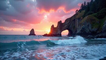 Obraz premium Distant Oregon coast arch, dramatic sky, ocean waves , scenic, geology
