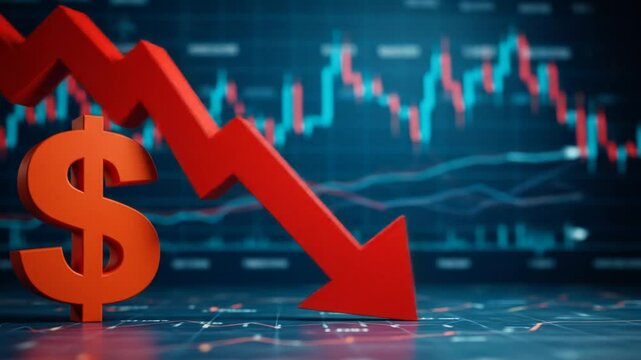 Red dollar symbol and arrow illustrating market decline on charts and graphs