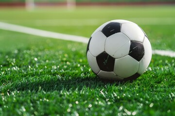 Fototapeta premium Classic soccer ball lying on the vibrant green artificial turf of a soccer field, ready for action