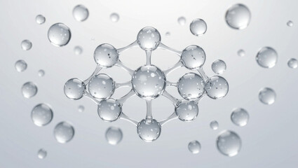 Elegant 3D visualization of a collagen peptide molecule cluster featuring transparent spheres and smooth bonds on a soft white background.