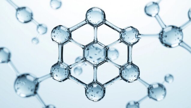 A clean, 3D molecular structure with a glass-like appearance, centered and symmetrical against a soft white background, emphasizing scientific beauty without distractions.