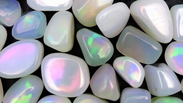 Close-up arrangement of polished, iridescent moonstones showing their spectral play of colors, texture, and smooth surfaces.