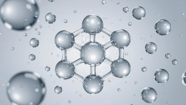 Elegant 3D rendering of a collagen peptide molecule cluster, featuring transparent spheres and smooth bonds in a symmetrical arrangement.