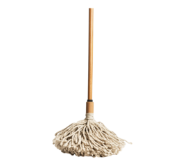 A white mop with a brown handle