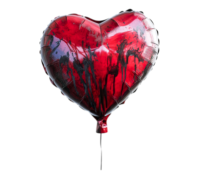 A red heart balloon with black paint splatters on it