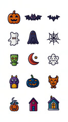 A set of simple Halloween icons, colourful minimalist