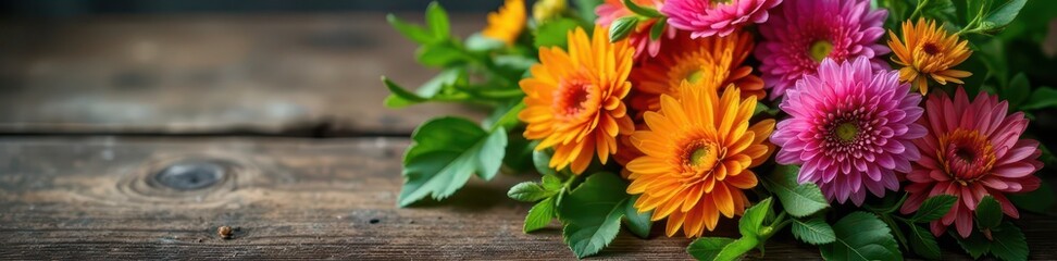 Fototapeta premium A bouquet of colorful edible flowers on a wooden table , herbs, edible flowers