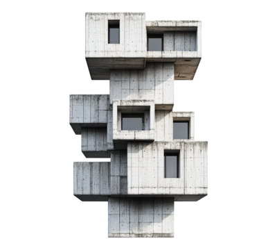 A tall building made of concrete blocks with windows