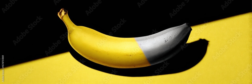 Poster conceptual artistic interpretation of a low saturation banana casting a shadow with an open upper ma