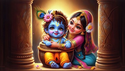 "Little Krishna Playing Flute – Janmashtami Festival Illustration on White Background"