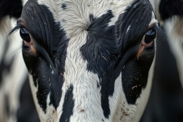Close up of a black and white cow's face, highlighting its expressive eyes and unique fur pattern