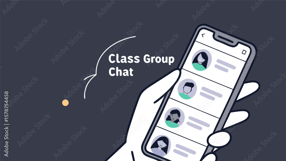 Aufkleber hand holding a smartphone displaying a class group chat interface with multiple profile icons shown 