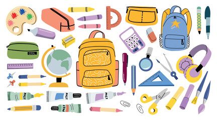 Colorful hand-drawn collection of school supplies including backpacks, pencils, paints, scissors, and other stationery. Perfect for education, back-to-school designs, and kids' materials.