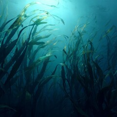 Fototapeta premium Lush Underwater Kelp Forest with Sunlight Filtering Through Water