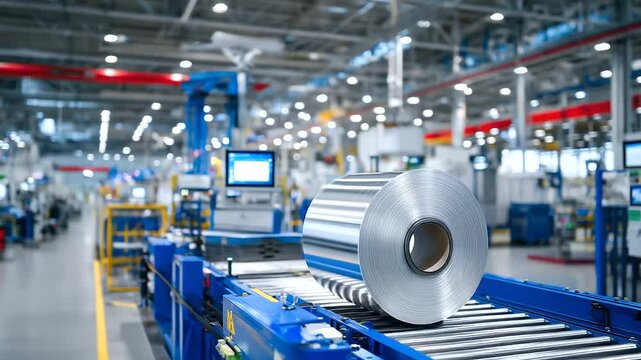 Macro detail of galvanized steel coil edges with textured metallic finish, surrounded by high-tech machinery parts and control panels in a clean, organized industrial setting