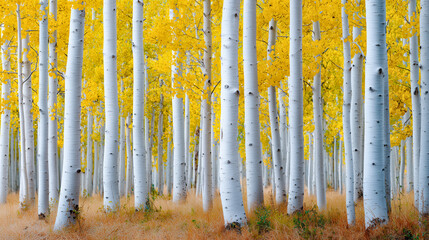 Fototapeta premium Birch forest with golden autumn leaves