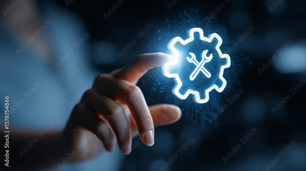 Aufkleber hand touches glowing cogwheel with crossed wrench symbol representing technical support and configur