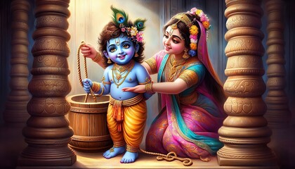 "Little Krishna Playing Flute – Janmashtami Festival Illustration on White Background"