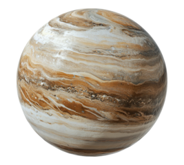 A large, round planet with a brown and white swirl pattern