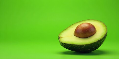 Halved avocado, vibrant green flesh, large seed, on green background, diet, bright