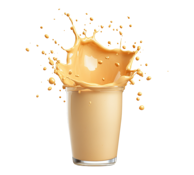 A glass of milk with a splash of milk on the side