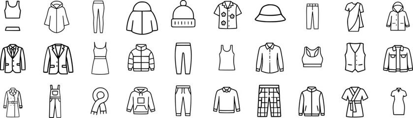 Clothing Stroke Icon Collection Containing Coats, Sweaters, Hats, Scarves, Boots, Gloves, and more. Editable Stroke Icons. Outline Design Set. © Rayhan
