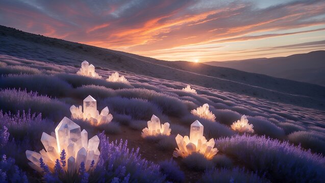 Crystals Glow in Lavender Field at Sunset Nature Landscape - Powered by Adobe