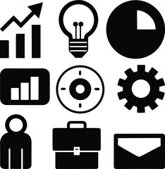 Collection of nine black business and finance icons on a white background