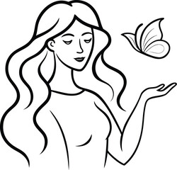 Elegant line art illustration of a serene woman with flowing hair interacting with a delicate butterfly