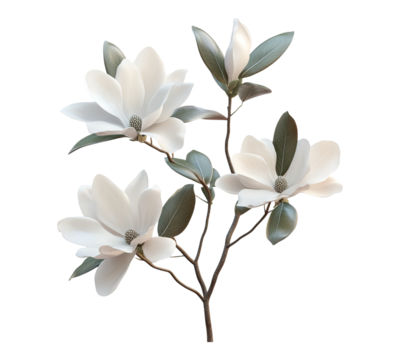 A white flower with green leaves is the main focus of the image