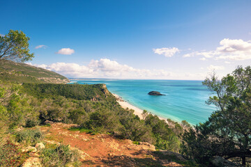 View of Arrabida beach. Rocky seascape. Setubal region, Atlantic Ocean, Portugal