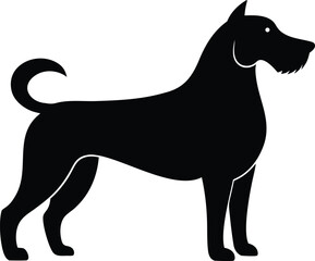 Stylized silhouette of a powerful black dog standing alert on a white background