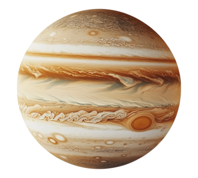 A large, round planet with a brownish-orange color