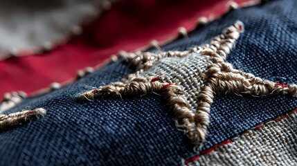 Detailed Close-up of Woven Star on Vintage American Flag Fabric