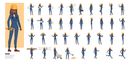 Big Set of Women worker wearing blue jumpsuit character vector illustration design. Women working and presentation in various action.