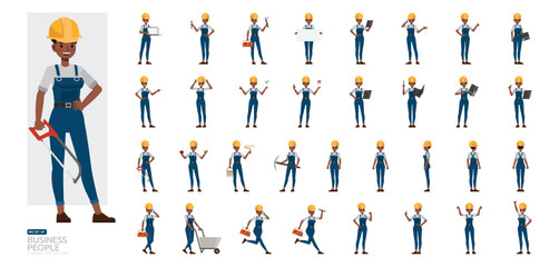 Big Set of Woman construction worker wear blue repairman apron character vector illustration design. Women working and presentation in various action.