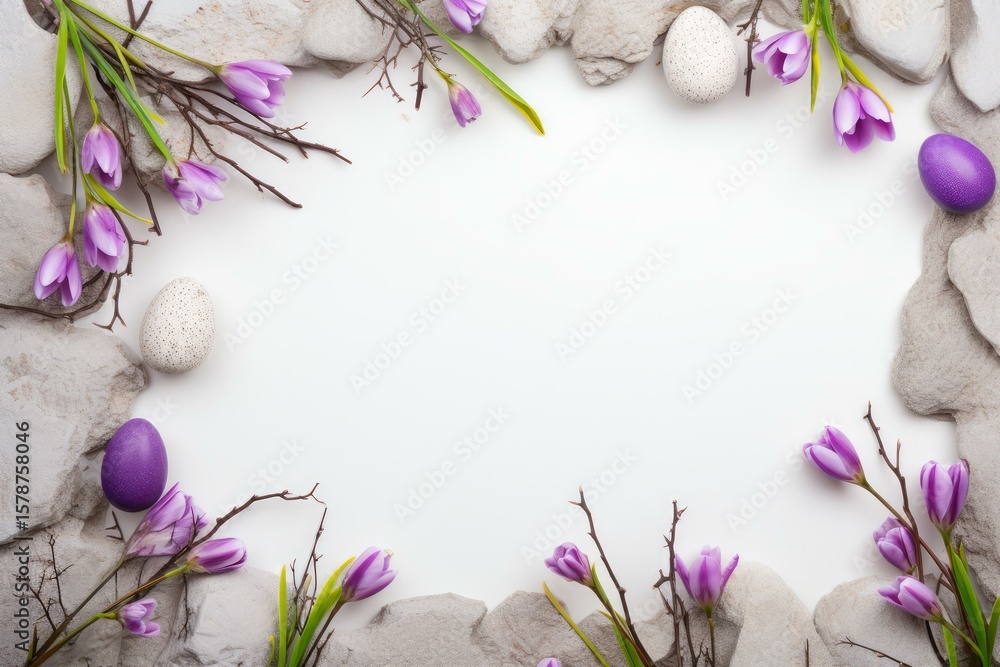 Poster easter eggs and purple tulips creating a frame on a white background with copy space