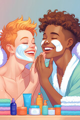 Two young, happy teenagers with face masks are shown laughing together in a brightly lit bathroom, with various colorful cosmetic products on the counter. Ideal for self-care and wellness.