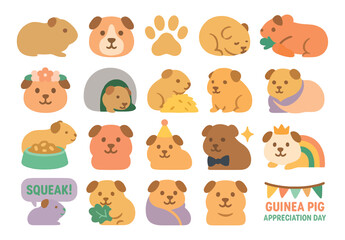 Fototapeta premium Guinea Pig Appreciation Day Cute Cartoon Icon Set with Pet Illustrations and Decorations