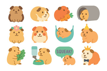 Guinea Pig Appreciation Day Cute Cartoon Icon Set with Pet Illustrations and Decorations