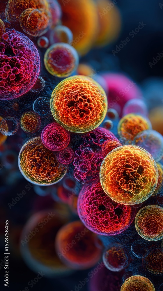 Poster vibrant abstract representation of colorful bubbles and spheres in a cosmic setting