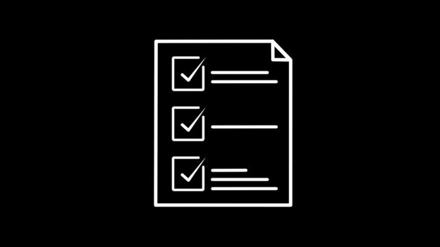 A white document icon with an animated text line and checkmarks is displayed on a black background.